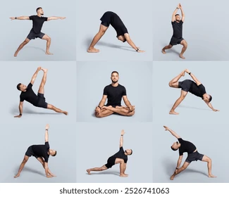 Yoga Asanas man practices multiple yoga poses 260nw 2526741063